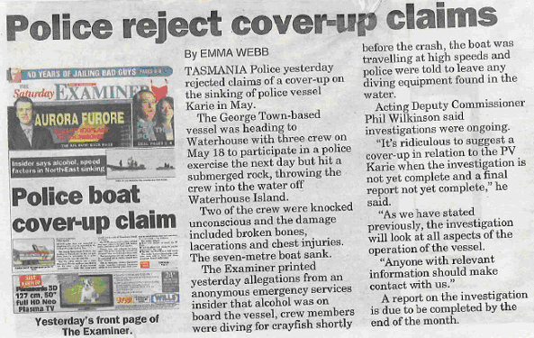 Newspaper Article from the The Sunday Examiner newspaper on 4 July 2010 titled "Police reject cover-up claims" (regarding sinking of police vessel Karie).